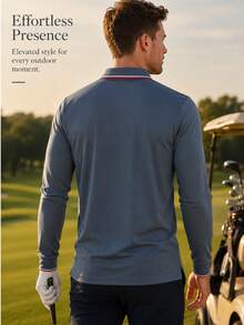Men's Contrast Trim Collar Long Sleeve Polo Shirt, Casual Gentleman Style, Button Front Casual Top, Slim Fit Polo For Spring And Autumn, Suitable For Daily Commute, Date, And Leisure Outings - Dusty Blue - View 4
