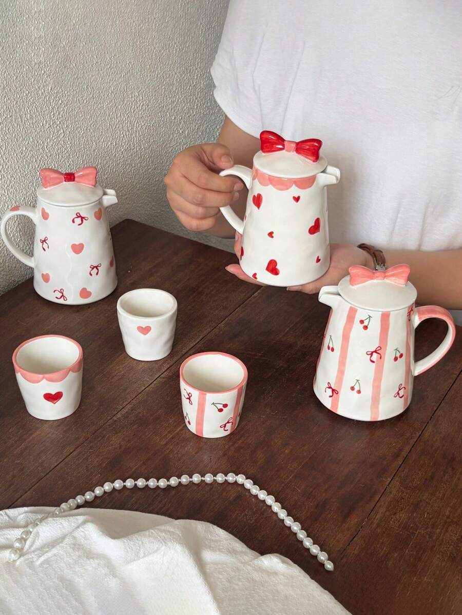 1 Set 1 Tetera 4 Tazas Juego de Té de Cerámica Resistente al Calor, Estilo Coreano Ins Lindo Pintado a Mano con Lazo | Juego de Té de Cereza, Adecuado para Tetera de Té de Flores, Hervidor de Agua de Té, Tetera de Infusión de Té, Juego de Preparación de Té, Reuniones de Fiesta, Todas las Estaciones - Multicolor - Ver 1