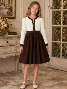 Autumn/Winter Girls' Fashion Elegant Single-Breasted Decorative Button Color-Block Long Sleeve Dress - Coffee Brown - View 1