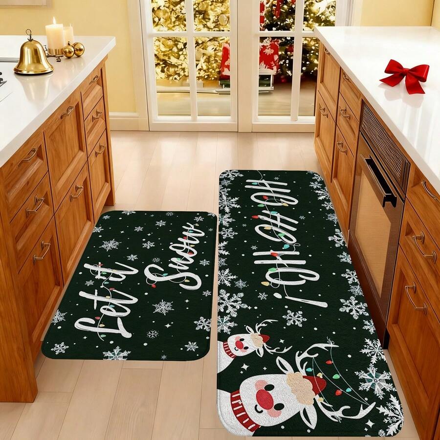 1/2/3pcs Christmas Theme Kitchen Rug, Flannel Kitchen Mat, Soft Comfortable Absorbent Non-Slip Machine Washable With Non-Slip Backing, Suitable For Multiple Scenes: Entrance, Living Room, Bedroom, Kitchen, Dining Room, Bathroom, Laundry Room, Hallway, Christmas Holiday Home Decor Multi-Functional Floor Mat - Multicolor - View 1