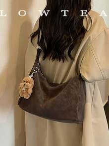 low tea 1pc Crescent Moon Shaped PU Leather Shoulder Bag, Suitable For Commuting, Shopping, Etc. (With Pendant) - Coffee - View 9