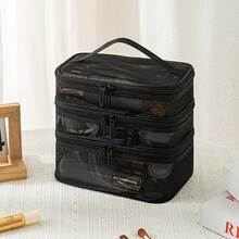 Nylon Mesh 3-Layer Makeup Bag, Large Capacity Multi-Compartment Storage Bag, Multi-Function Toiletry Bag - Black - View 4