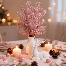 10pcs Mixed Simulation Pink Pine Needles And Shiny Berries Stem - Glossy Surface, Exquisite Christmas Branches, For Holiday Decorations, Wreaths, Vase Centerpieces, Seasonal Tabletop Decor, Festive Table Additions, Perfect For Christmas Tree - Multicolor - View 2