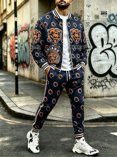 N-FL Ch-Icago Bears Vintage Zip‑Up Baseball Jacket & Drawstring Jogger Pants Set, Autumn Winter Casual Street Matching Outfit(27)