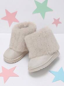 Girls' Fresh Soft Cream White Plush Fold-Over Ankle Boots, Suitable For Winter School And Daily Outdoor Wear - Beige - View 4