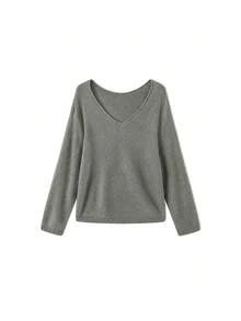 Joy Knit 女款針織毛衣 秋冬時尚新款 百搭上衣 簡約休閒百搭 純色捲邊深V領露肩套頭針織上衣 女士上班穿搭 外出上衣 派對 海灘 生日 節慶 - 灰色 - 查看 7