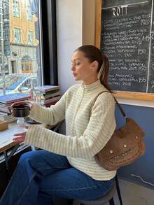 Suéter de punto Joy para mujer Otoño/Invierno Moda Nuevo Estilo - Tops Básicos - Moda Casual Simple Versátil - Cuello Alto de Tortuga Rayado con Cremallera Dulce Suéter de Punto Holgado Chaqueta de Punto - Atuendos de Oficina para Mujeres - Tops para Salir - Fiesta - Amarillo - Ver 5