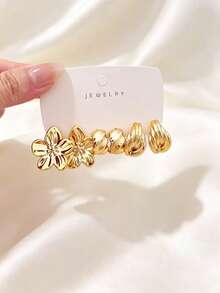 6/18PCS Fashion Gold Metallic Earring Set, Flower Shell Water Drop C-Hoop Geometric Multi-Element Women's Fashion Earring Set, Daily Wear, (Lightweight CCB Material, Non-Fading/No Dropping Sensation) - Gold - View 9