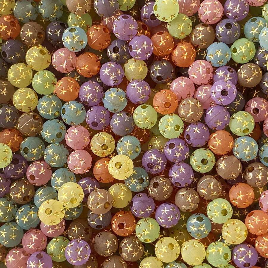 120pcs Multicolor Matte Gold‑Print Star Pattern Round Acrylic Through‑Hole Loose Beads For DIY Bracelets, Phone Charms, Keychains Handmade Craft Supplies - Multicolor - View 1