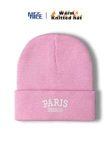 1件裝 男士 PARIS FRENCH 刺繡秋冬針織毛帽，時尚中性 Y2K 無邊帽，防風保暖戶外帽 - A - 查看 18