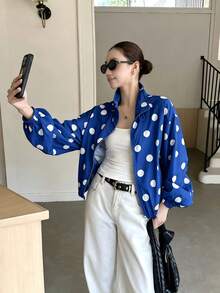 Women Jackets - Blue With White Polka Dots - View 4