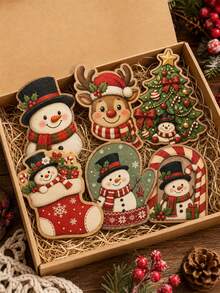 6-Piece Christmas Coaster Set (Snowman & Reindeer)–Irregular Wooden Cartoon Coasters Featuring Christmas Tree, Stocking, Mitten, Candy Cane, And Door Designs; Christmas Gifts,Suitable For Home Kitchens, Dining Areas, Holiday Parties, And Winter Decor - Multicolor - View 7
