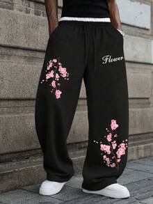 SU ER Double Waist Design Elastic Waist Drawstring Casual Pants For Men, Comfortable Fabric, Loose Fit, Drapey Lazy Wide Leg Pants - Black - View 1