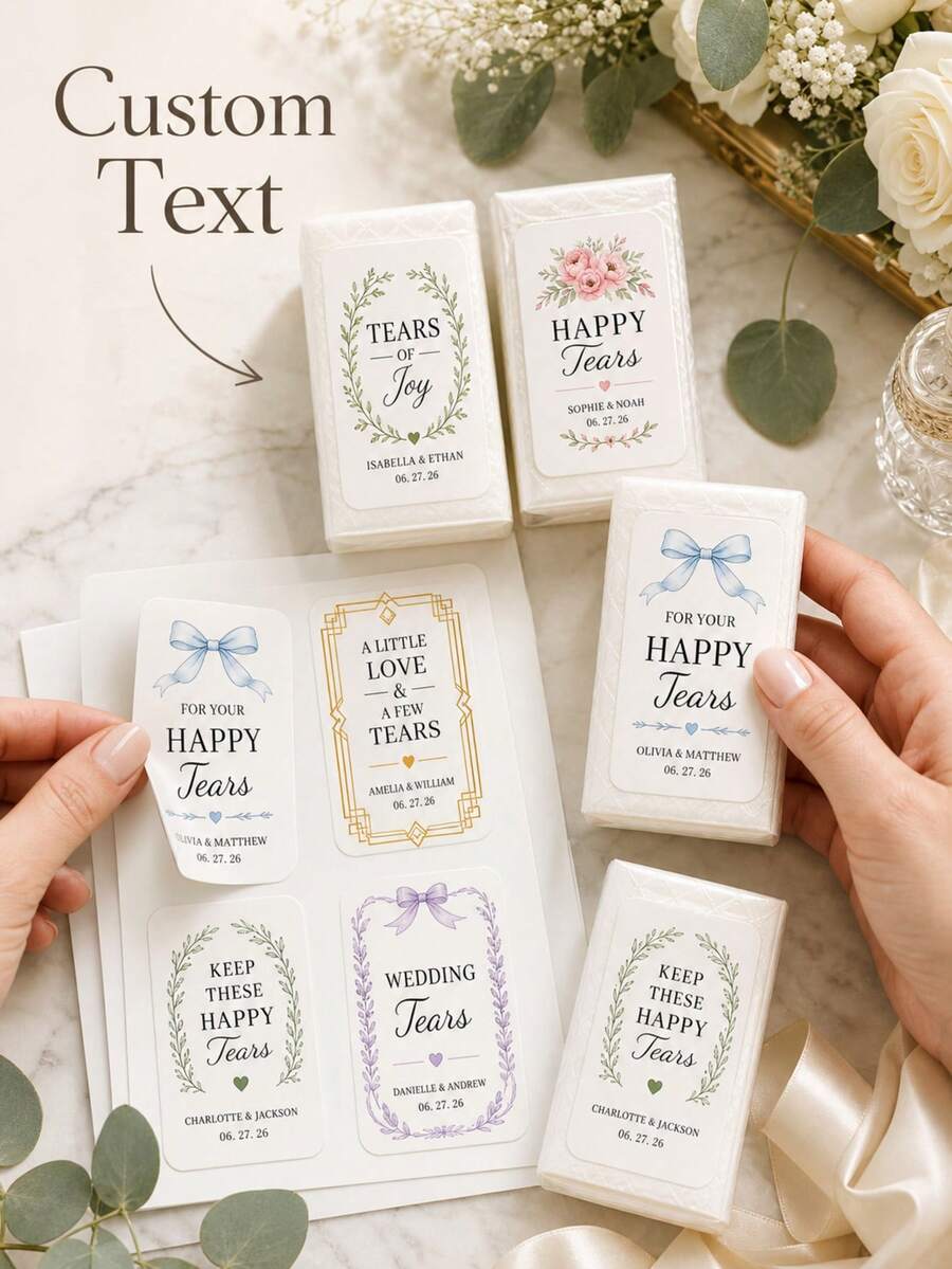 5/10/25pc Custom Wedding Tissue Labels Sticker, Personalized Happy Tears Stickers With Names And Date, Elegant Floral Bow Laurel And Gold Designs For Ceremony Favors, Bridal Shower Decor, Reception Welcome Table, Memorial Tears Of Joy Keepsake Labels - Multicolor - View 1