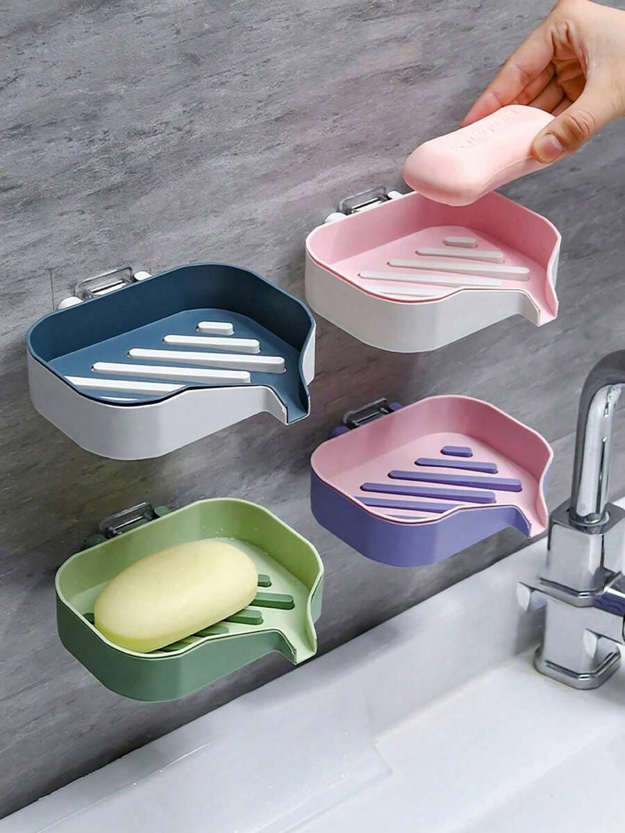 1pc/4pcs Wall-Mounted Soap Holder With Drainage Spout, No-Drill Self-Adhesive Double Layer Soap Rack, Suitable For Shower, Bathroom, Kitchen, Waterproof Drainage Soap Dish, Keeps Soap Dry And Clean, Multi-Color Soap Storage Box, Suitable For Home Bathroom Sink - Multicolor - View 1