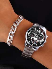 2pcs/Set Men's Fashion Stainless Steel Quartz Watch And Bracelet, Suitable For Party And Formal Occasions, Perfect Holiday Gift - Silver - View 3