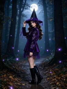 萬聖節女巫帽，黑色尖頂巫師帽配紅紫色蕾絲面紗與水鑽裝飾，女性角色扮演派對服裝配件 - 彩色 - 查看 2