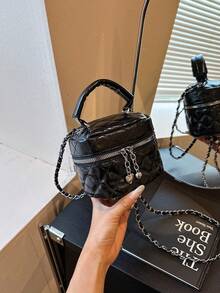 黑色絎縫鏈條小方包迷你手提化妝包百搭斜挎包愛心吊飾通勤手提包 - 黑色 - 查看 4