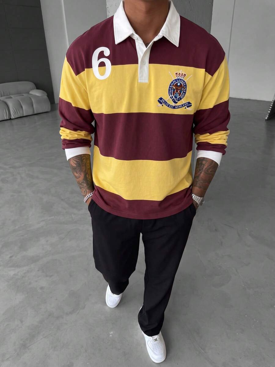 College Style Contrast Color Striped Men's Long Sleeve Polo Retro Rugby Jersey Badge Versatile Casual Top - Burgundy - View 1