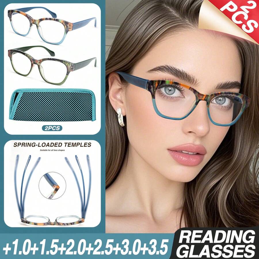 2Pcs Oversized Cat Eye Reading Glasses, Fashionable Printed Design, With High-Quality Spring Hinges, Suitable For Women's Daily Wear, With High-Quality Glasses Storage Bag - White - View 1
