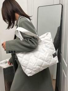 純色輕量學生風大學購物袋，閨蜜包，休閒大容量托特包，附絎縫細節，單肩托特包，學生包，返校季大容量輕便攜，適合青少年女孩、女性、大學生，適用於大學、中學、高中 - 白色 - 查看 3