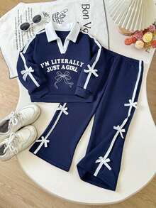 Tween Girl Letter Pattern Embroidered V-Neck Long Sleeve Sweatshirt And Pants - Royal Blue - View 2