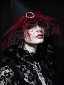 萬聖節女巫帽，黑色尖頂巫師帽配紅紫色蕾絲面紗與水鑽裝飾，女性角色扮演派對服裝配件 - 彩色 - 查看 5