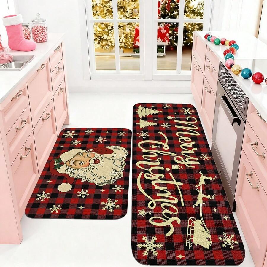1/2/3pcs Christmas Theme Kitchen Rug, Flannel Kitchen Mat, Comfortable Soft Absorbent Non-Slip Machine Washable With Anti-Slip Backing, Multi-Functional Home Mat For Doorway, Living Room, Bedroom, Kitchen, Dining Room, Bathroom, Laundry Room, Patio, Entryway, Christmas Holiday Decor - Multicolor - View 1