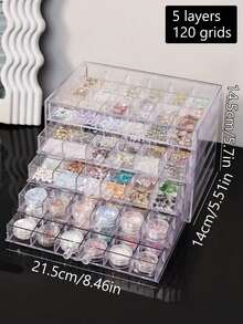1 pieza Caja de almacenamiento de decoración de uñas con rhinestones de múltiples funciones, práctica y de moda, de acrílico transparente y multicapa, adecuada para anillos, aretes, collares, pulseras y otras joyas, decoración de habitación 45FY - Nivel 5-120 celdas - Ver 12