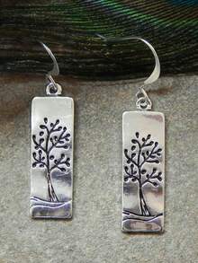 1 Pair Minimalist Artistic Tree Of Life Pattern Earrings For Women, Antique Silver Distressed Rectangular Pendant, Niche Design Ear Jewelry, Commuter Versatile Style - Antique Silver - View 1