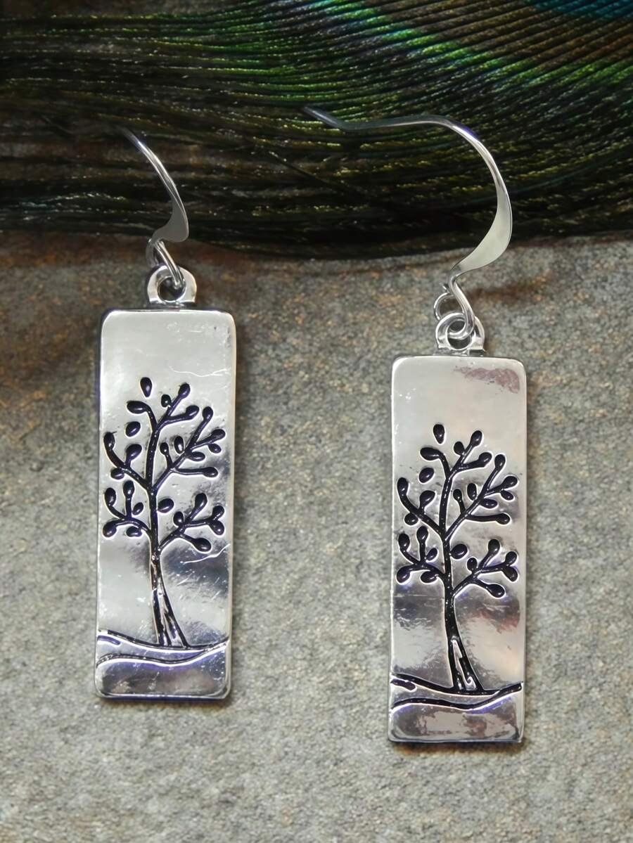 1 Pair Minimalist Artistic Tree Of Life Pattern Earrings For Women, Antique Silver Distressed Rectangular Pendant, Niche Design Ear Jewelry, Commuter Versatile Style - Antique Silver - View 1