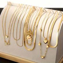 10 piezas Collar plano multicapa bohemio, conjunto de collares apilados con colgante de corazón de moda, accesorio diario, estilo hip-hop (sin caja) YV86 - Dorado - Ver 10