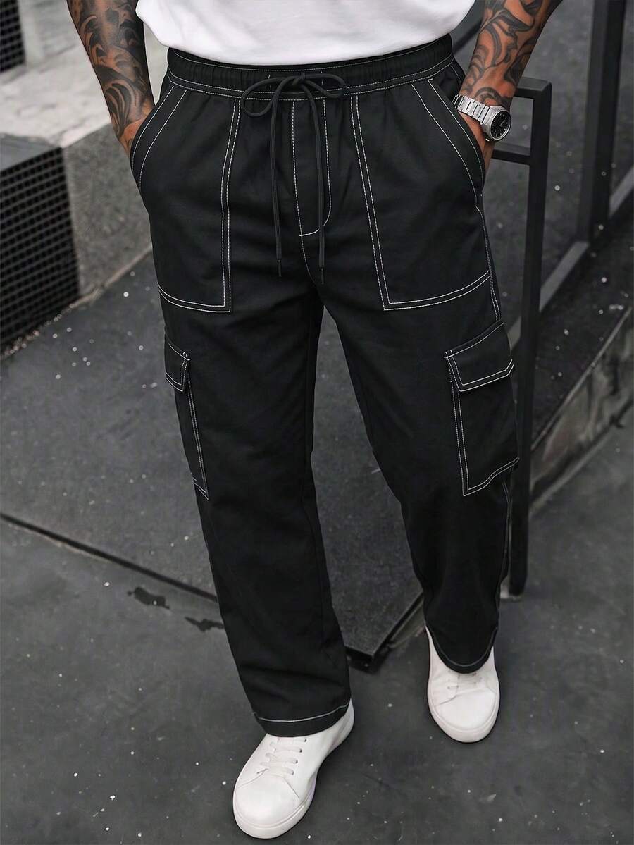 Men's Pants Spring/Autumn Fashion Multi-Pocket Design Men's Cargo Long Pants College Style Commuter Men's Long Pants - Black - View 1
