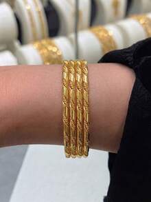 4Pcs 24K Gold Plated Twisted Rope Bangle Set, Rust-Resistant Gold Alternative Stackable Slash Metal Solid Bracelet Fine Jewellery - 01 - View 3