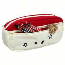 1pc Cute Women's Red/Blue Contrast Star Expression Embroidered Pencil Case, Soft Fabric Material, Multi-Layer Large Capacity Storage Pencil Case, Fresh And Adorable Style, Suitable For Students Back To School, Office Workers, Ideal Gift For Friends And Family - A - View 7
