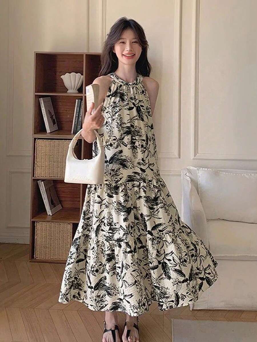 无袖露背印花连衣裙,夏季新款度假风优雅女士派对连衣裙 - 黑與白 - 查看 1