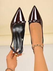 Women's Vintage Brown Patent Leather Bow Pointed Toe Slingback Sandals, Adjustable Buckle Chunky Heel Party Commute Low Vamp High Heel Shoes - Brown - View 3
