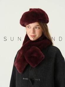 1 Set Women's Solid Color Sweet Elegant Versatile Faux Fur Beret Hat And Scarf Set, Warm For Autumn/Winter, Suitable For Daily Wear - Burgundy - View 7