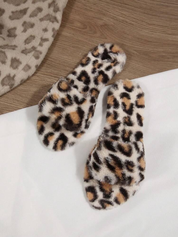 Leopard Print Plush Slip-On Open Toe Flat Slippers For Women, Non-Slip Warm Fuzzy Cotton House Shoes For Indoor Outdoor Casual Bedroom Wear, Autumn Winter - Black - View 6
