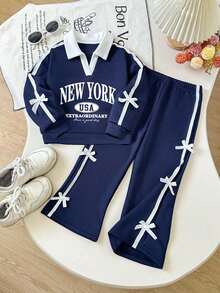 Tween Girl Letter Pattern Embroidered V-Neck Long Sleeve Sweatshirt And Pants - Royal Blue - View 2