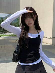 Setelan Kasual 2 Potong Gaya Korea Minimalis dengan Model Tank Top Halter Neck dan Kaos Lengan Panjang - Hitam - View 2