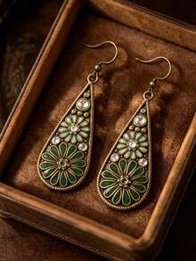 1 Pair Vintage Floral Teardrop Earrings, Bohemian Green Enamel Flower Pendant Earrings, Unique Exaggerated Earrings, Party Holiday Gift Jewelry - Floral Earrings - View 6