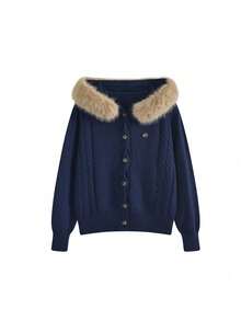 Women's Hooded Plush Patchwork Casual Versatile Daily Wear Cardigan - Navy Blue - View 5