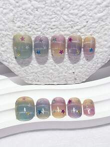 10pcs Dreamy Rainbow Gradient Silver Line Cat Eye Star Short Round Removable Reusable False Nails Nail Art Supplies (1pc Jelly Sticker + 1pc Nail File) - Multicolor - View 2