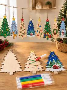12pcs Wooden Christmas Tree Decorations, DIY Blank Wooden Hanging Ornaments, Suitable For Christmas Tree Handmade Crafts And Winter Party Decor (Beige Christmas Tree) - Multicolor - View 4