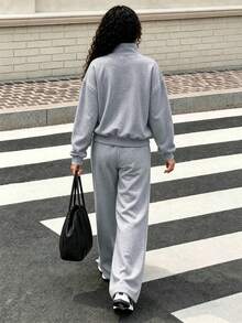 Set 2 pcs Sweatshirt Setengah Resleting dan Celana Panjang Lebar untuk Wanita Muda dan Anak Perempuan, Sweatshirt Kerah Tegak Longgar dengan Cetakan Huruf Inggris dan Celana Panjang Lebar Longgar, Cocok untuk Pakaian Sehari-hari Musim Gugur/Dingin - MultiWarna - View 2