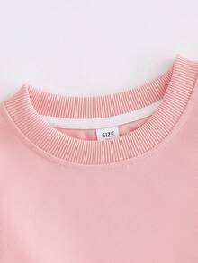 Girls And Teens Pink Crew Neck Sweatshirt With Creative Letter Combination Print Paired With Pink Wide Leg Pants, Fashionable And Versatile, Minimalist Yet Stylish Design Makes It An Ideal Choice For Casual Everyday Wear, Especially Suitable For Autumn And Winter - Pink - View 10
