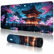 Japanese Sakura Temple Night Scene Pattern Extra Long Gaming Mouse Pad And Desk Mat Set, Non-Slip Durable Rubber Base, Smooth Surface, Suitable For PC Laptop Office Home, Abstract Art Decoration, Back To School Supplies - A - View 13