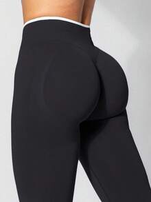 Women's Seamless Colorblock Fitness Leggings, High Elasticity Sports Tight Pants, High Waist Butt Lifting, Suitable For Workout Training - Black - View 4