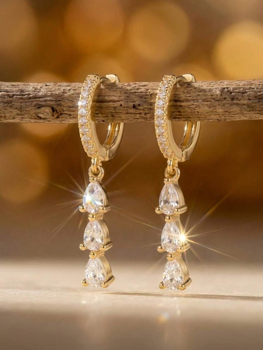 CHICAT 1 Pair Delicate Water Drop Zirconia Dangle Earrings, Gold-Tone Faux Diamond Hoop Ear Clips For Women
